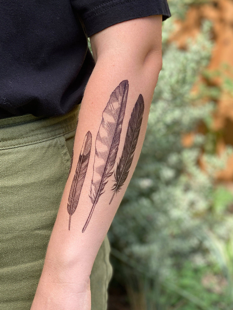 NatureTats - Feather Finds Temporary Tattoo, Hawk Feather, Mocking Bird, Black Bird